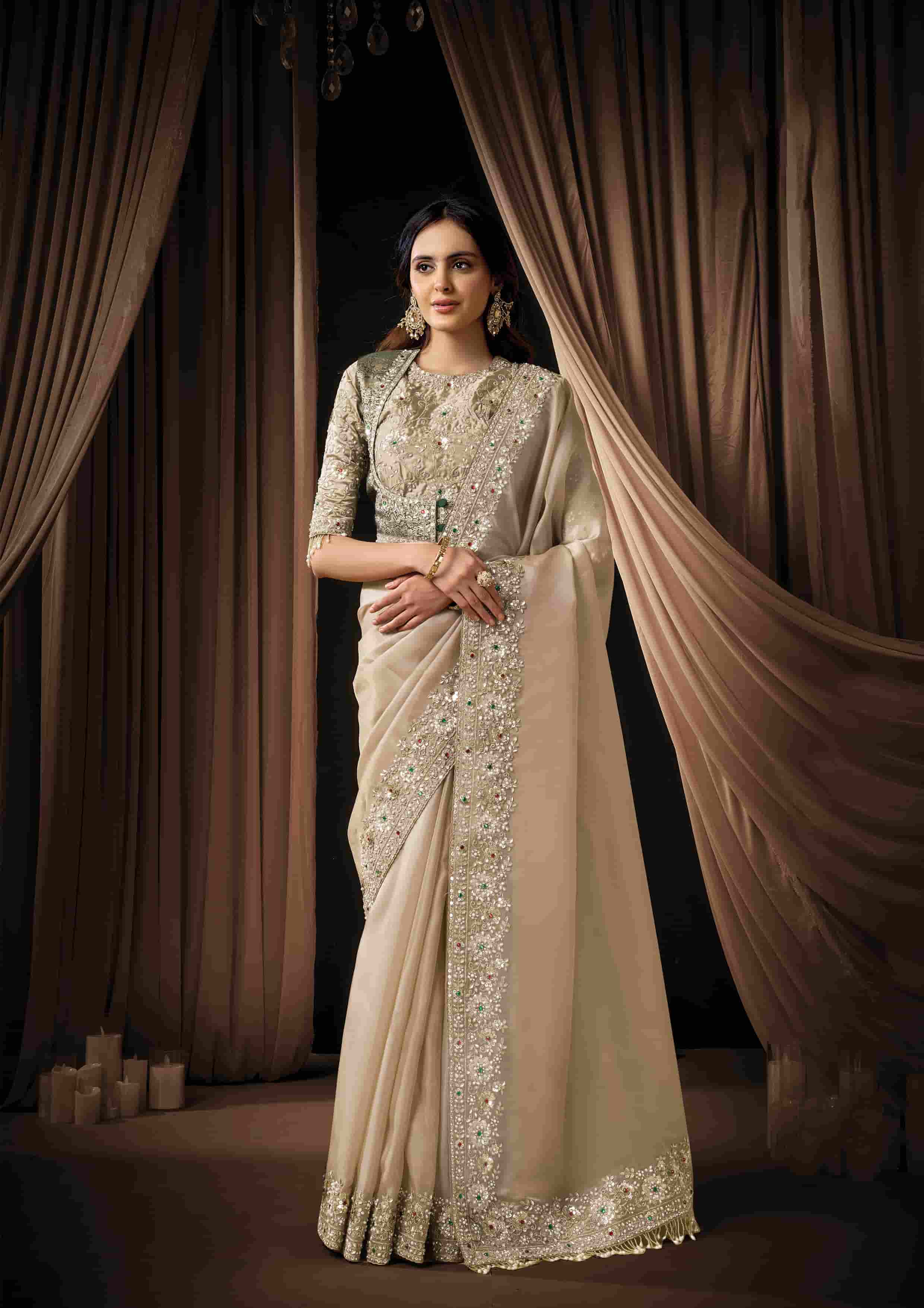 Naksh Creation Ivory Zari Organza Satin Designer Saree with Soft Satin Blouse