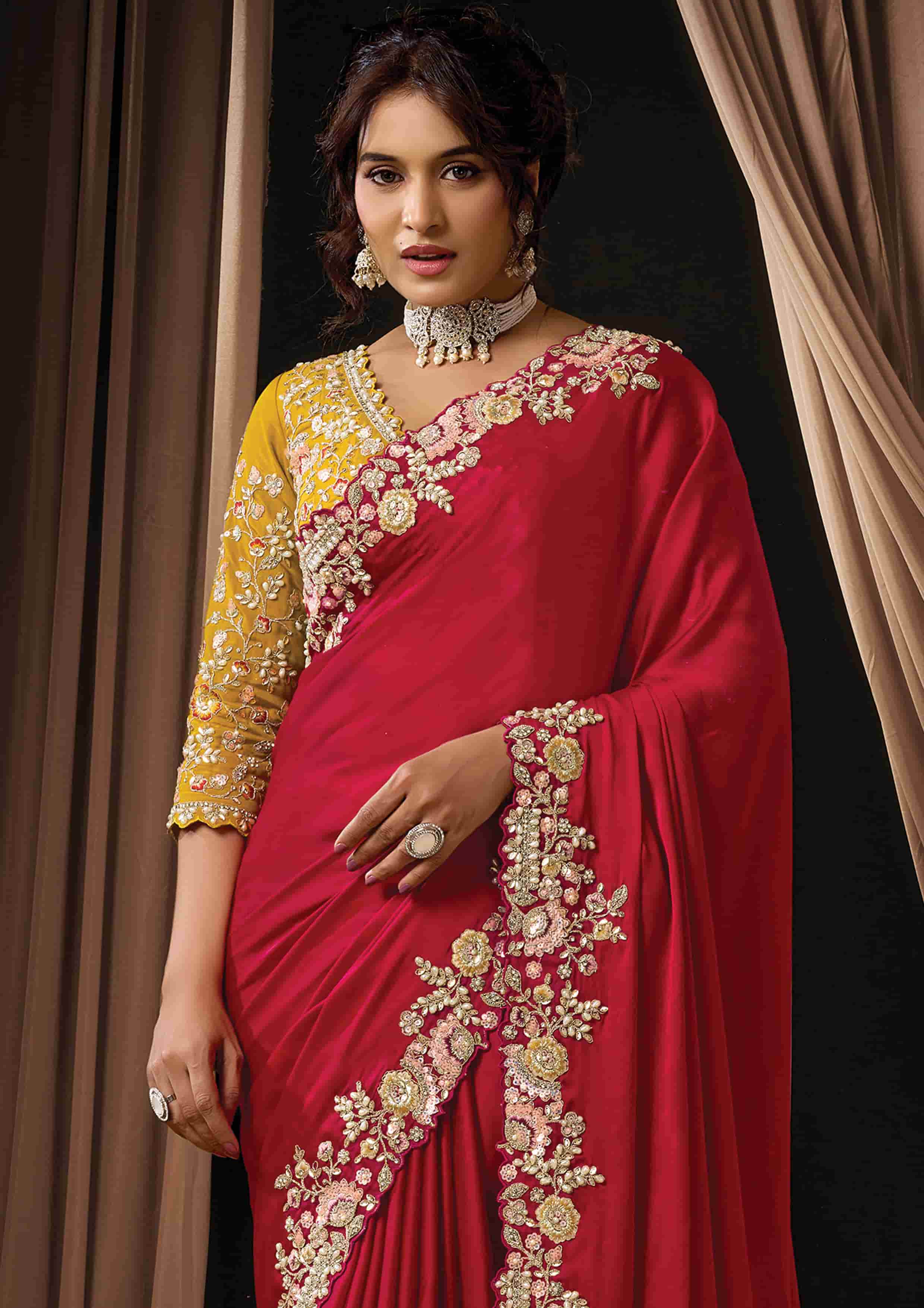 Naksh Creation Ruby Red Lustrous Satin Silk Designer Saree