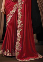Naksh Creation Ruby Red Lustrous Satin Silk Designer Saree