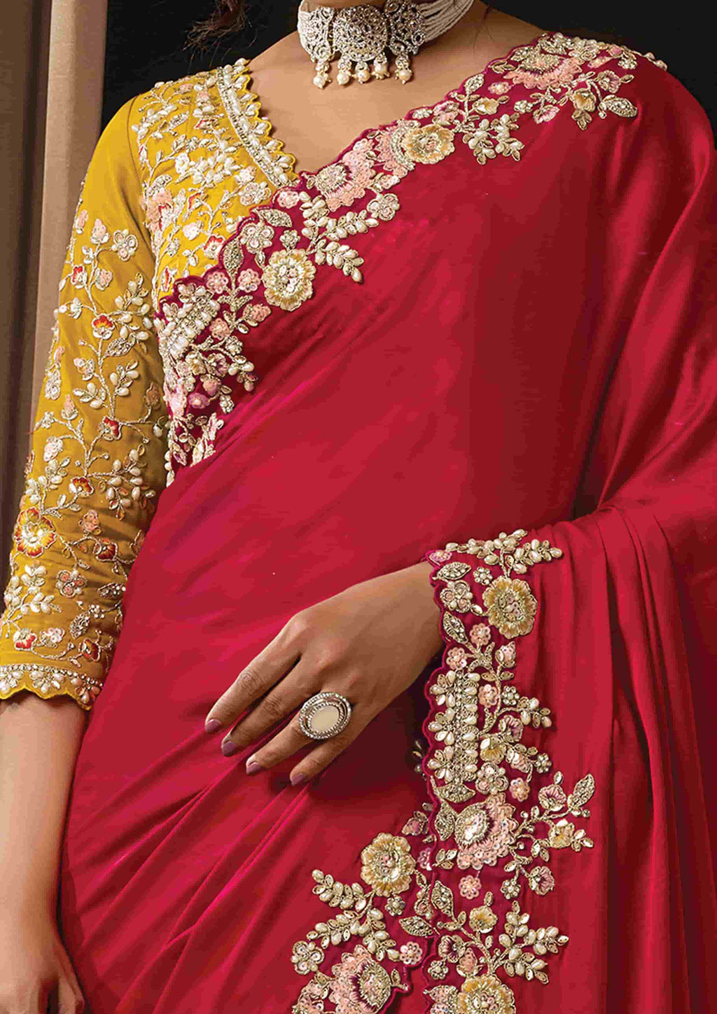 Naksh Creation Ruby Red Lustrous Satin Silk Designer Saree