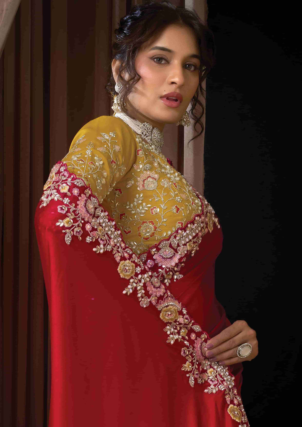 Naksh Creation Ruby Red Lustrous Satin Silk Designer Saree