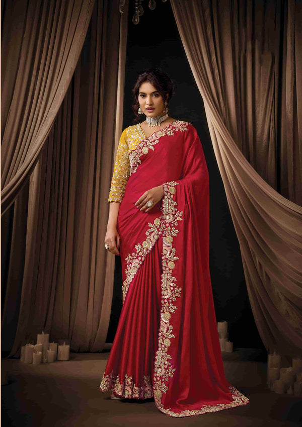 Ice Blue Zari Organza Satin Golden Sequin Pearl Stone Embroidered Saree