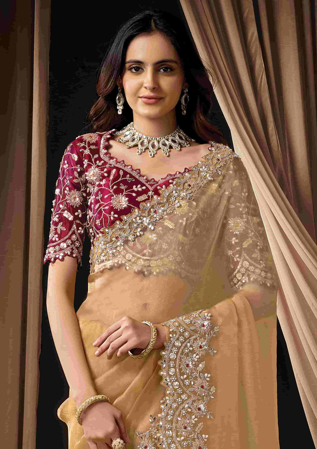 Naksh Creation Golden Beige Organza Tissue Designer Saree