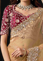 Naksh Creation Golden Beige Organza Tissue Designer Saree