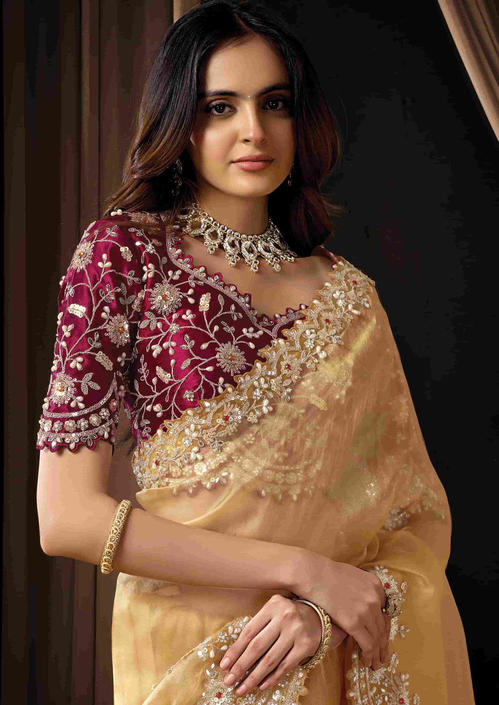 Naksh Creation Golden Beige Organza Tissue Designer Saree