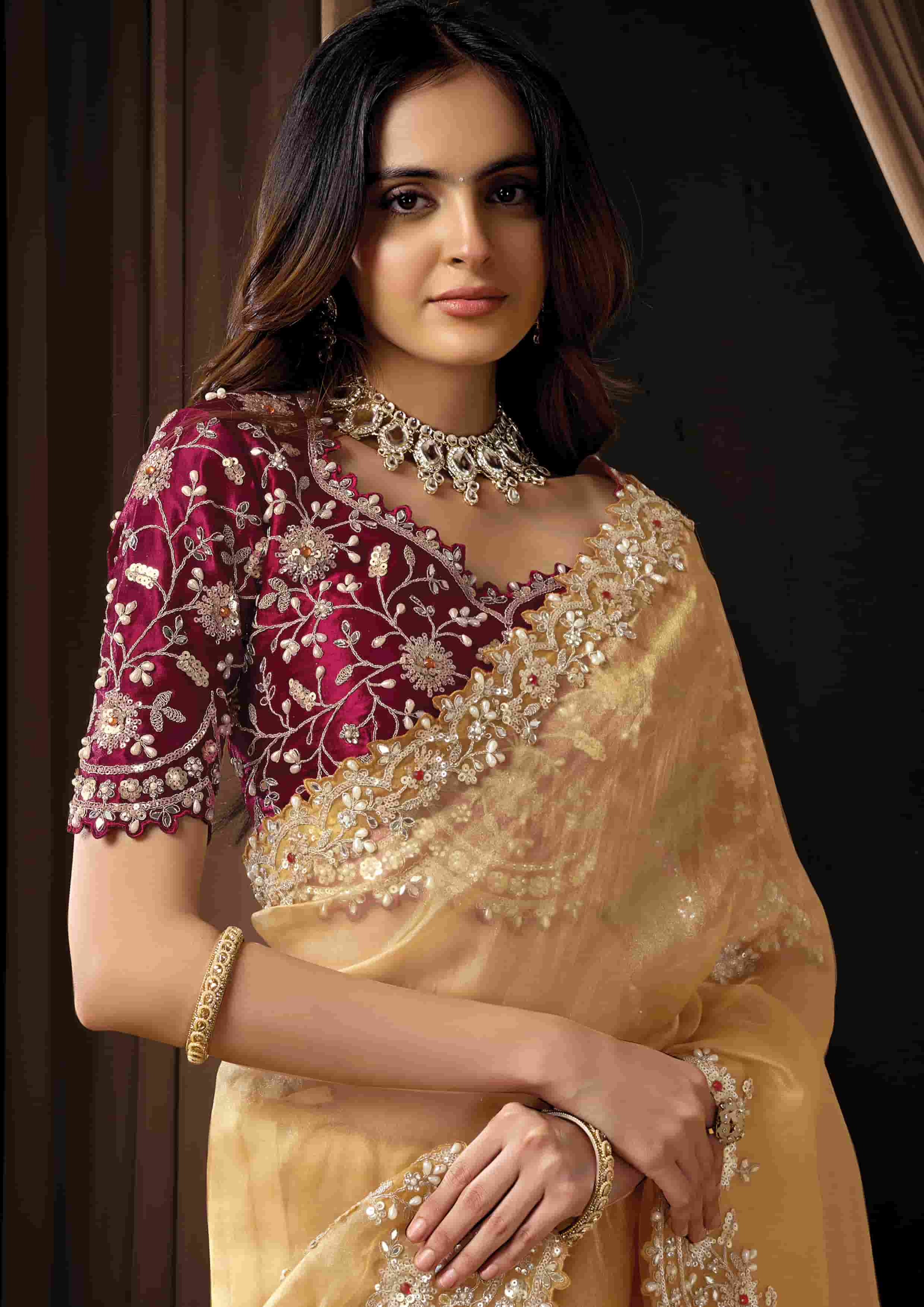 Naksh Creation Golden Beige Organza Tissue Designer Saree