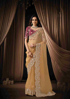 Naksh Creation Golden Beige Organza Tissue Designer Saree