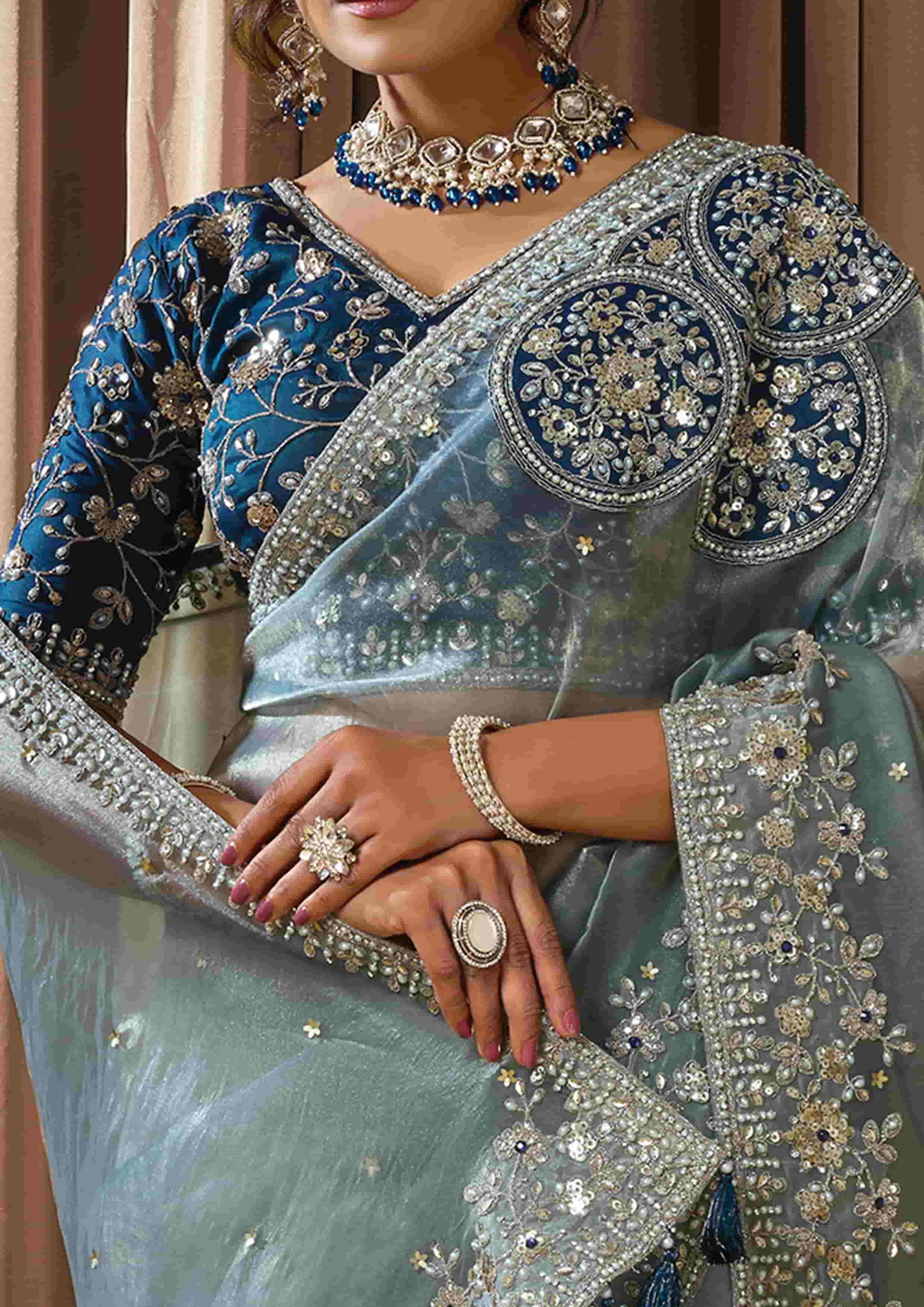 Naksh Creation Ice Blue Zari Organza Satin Designer Saree