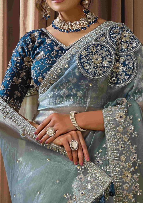 Baby Pink Tissue Organza Thread Sequin Stone Handwork Saree