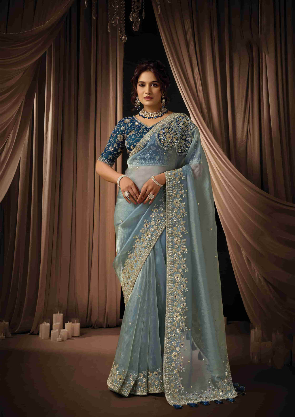 Naksh Creation Ice Blue Zari Organza Satin Designer Saree