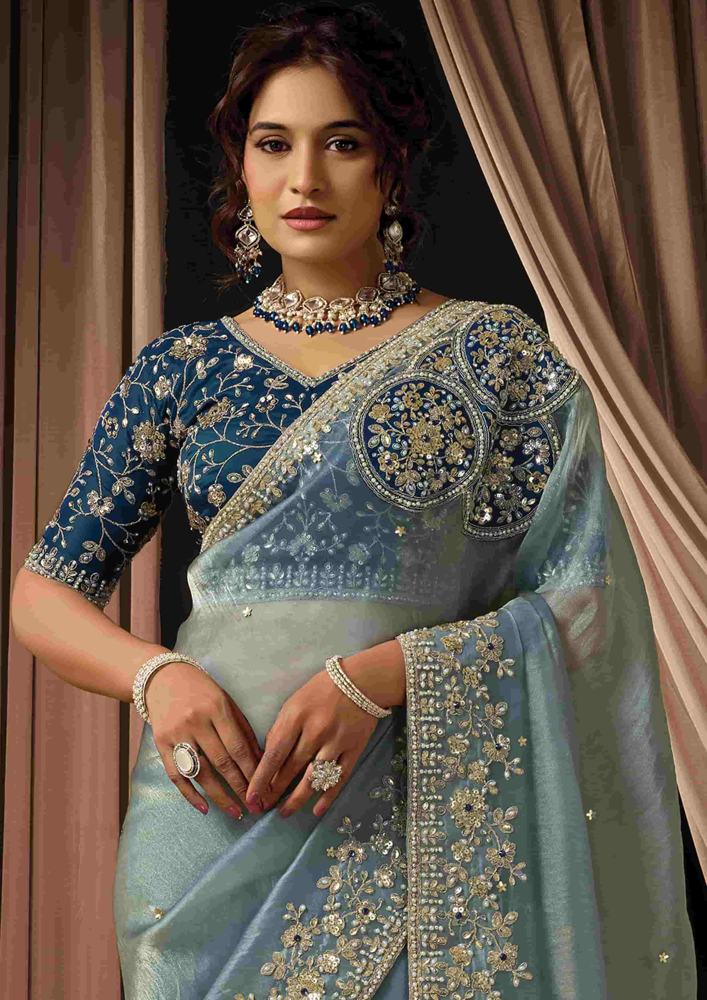 Naksh Creation Ice Blue Zari Organza Satin Designer Saree