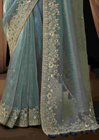 Naksh Creation Ice Blue Zari Organza Satin Designer Saree