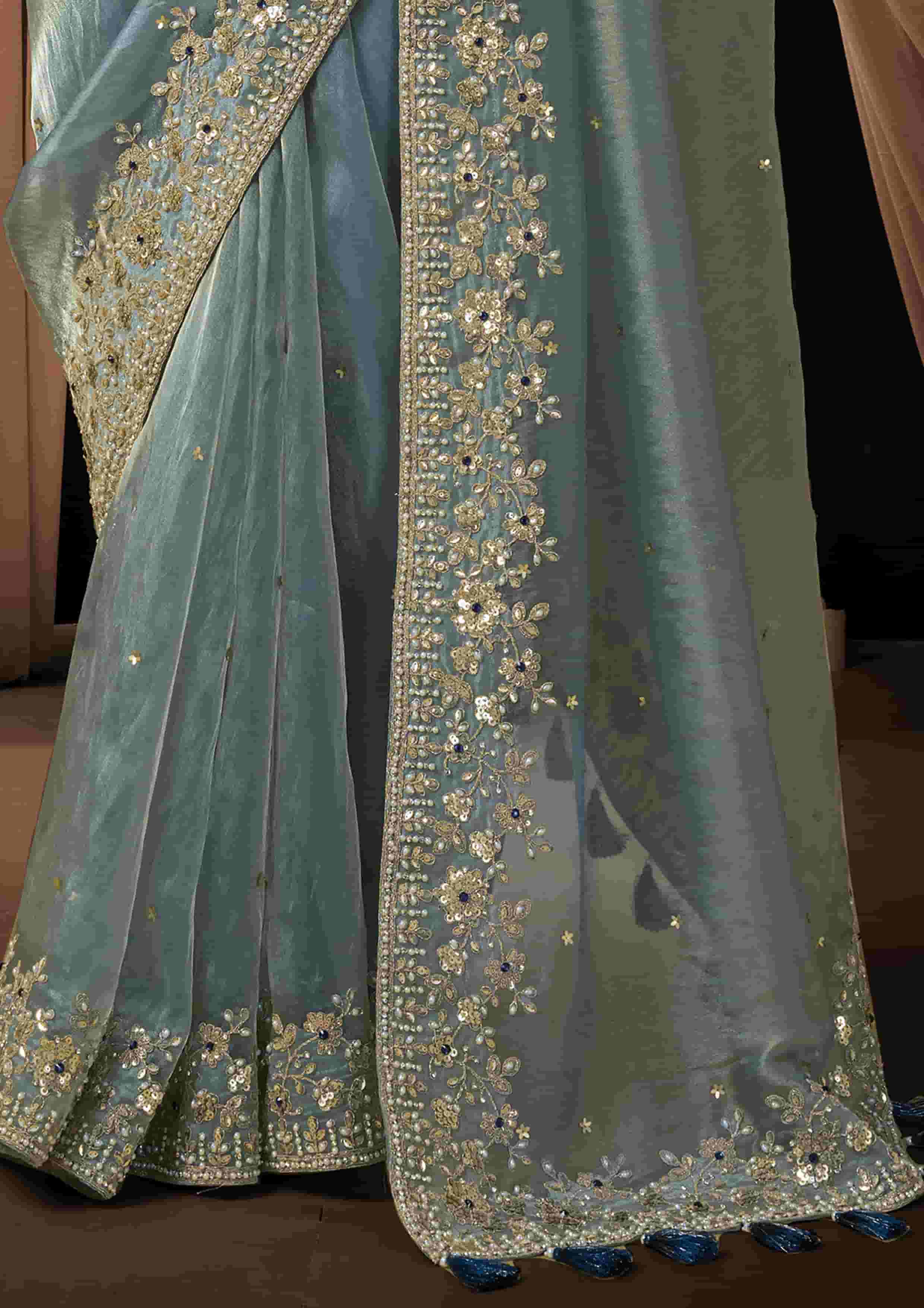 Naksh Creation Ice Blue Zari Organza Satin Designer Saree