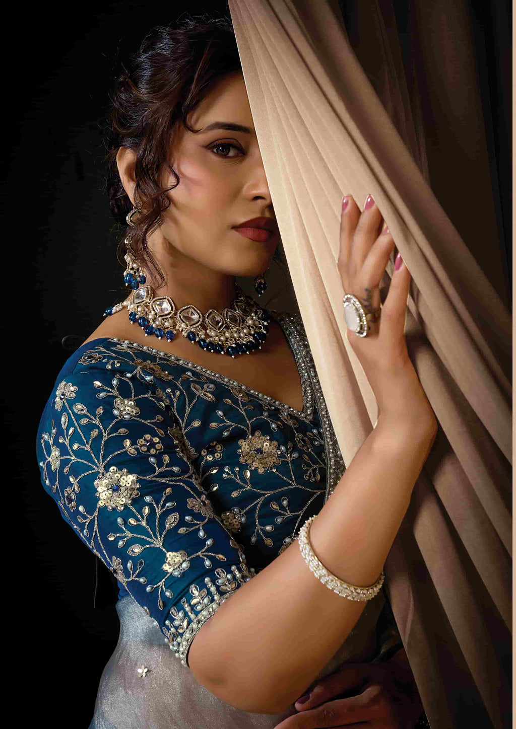 Naksh Creation Ice Blue Zari Organza Satin Designer Saree
