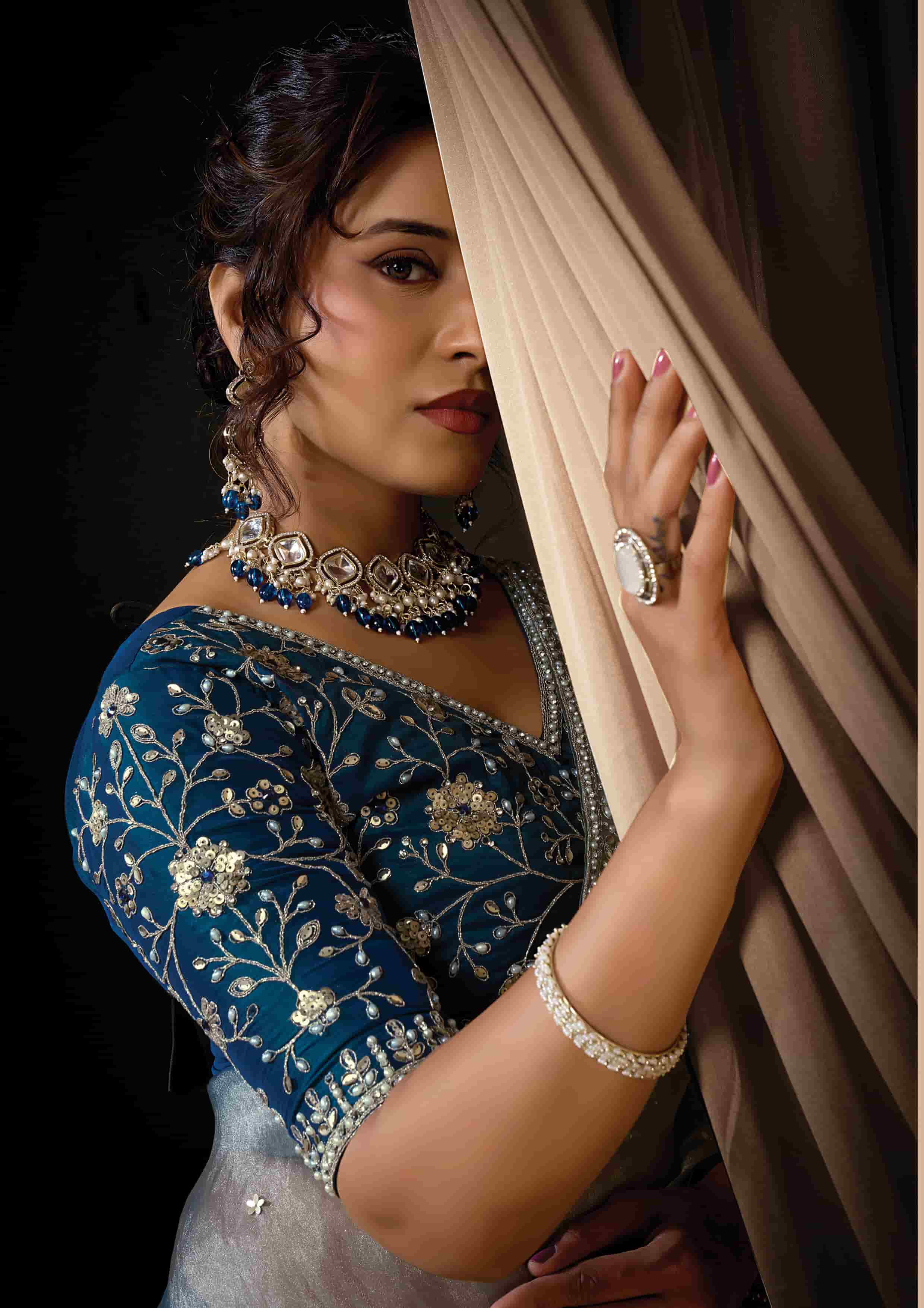 Naksh Creation Ice Blue Zari Organza Satin Designer Saree