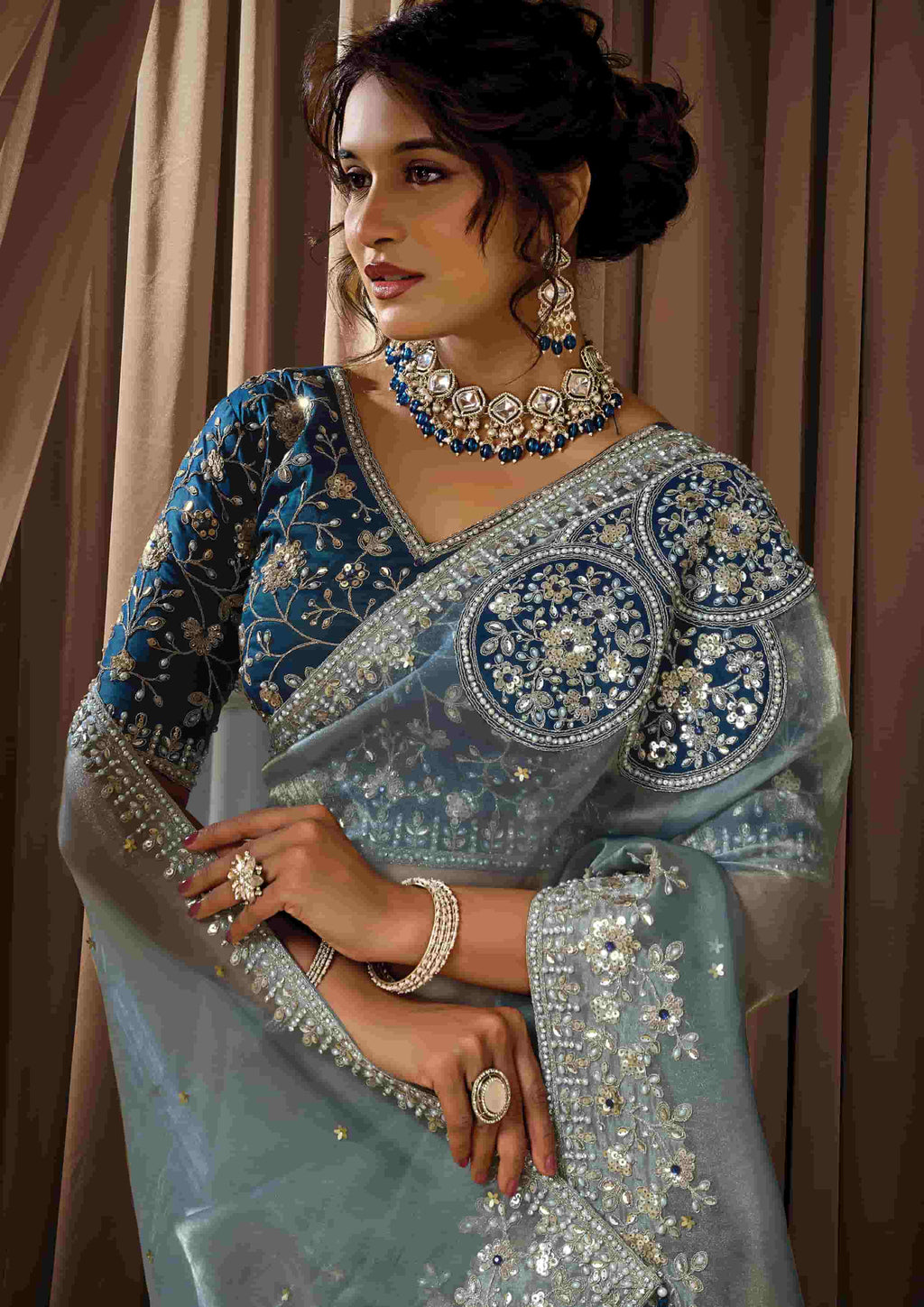 Naksh Creation Ice Blue Zari Organza Satin Designer Saree