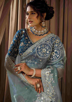 Naksh Creation Ice Blue Zari Organza Satin Designer Saree