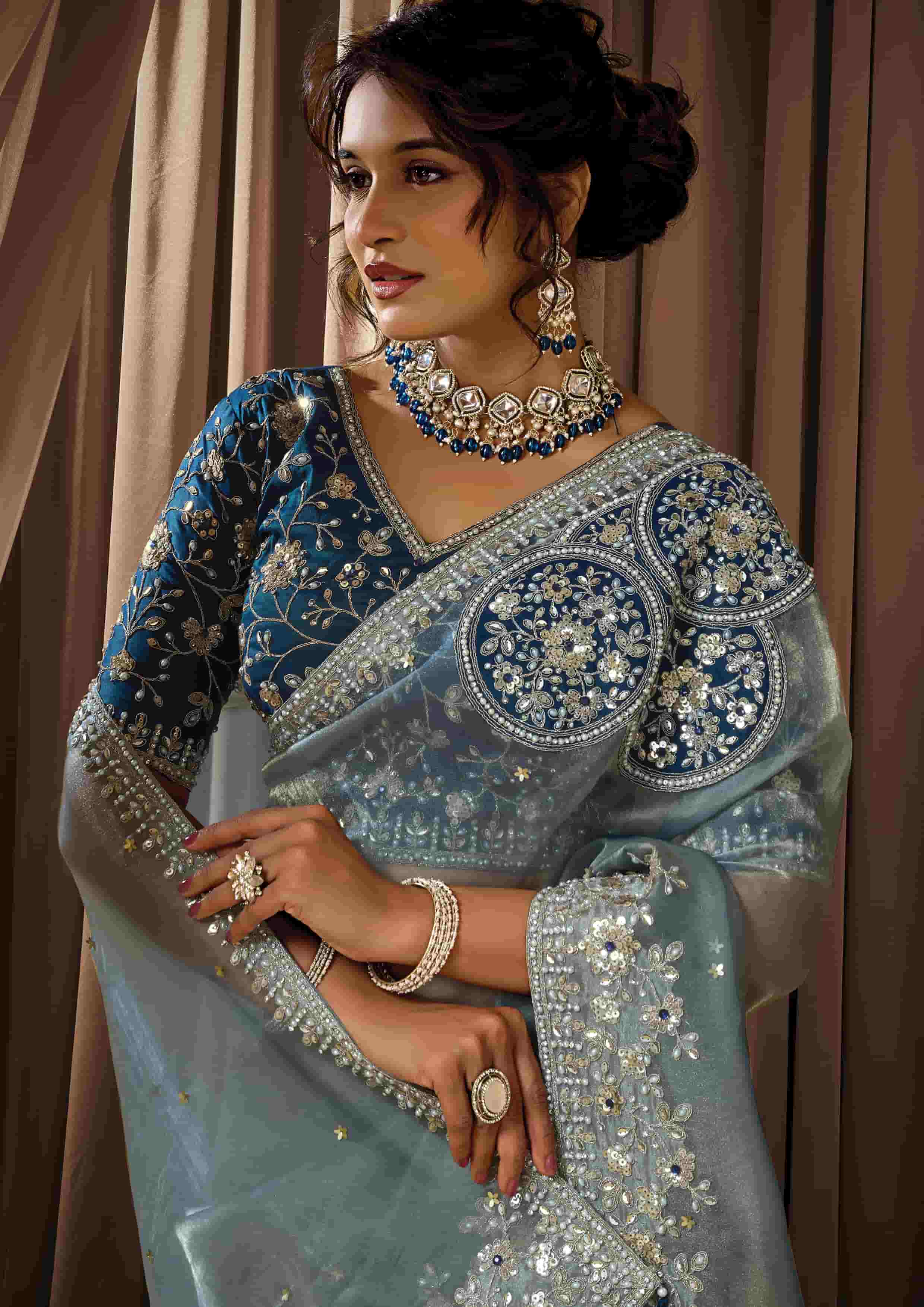 Naksh Creation Ice Blue Zari Organza Satin Designer Saree