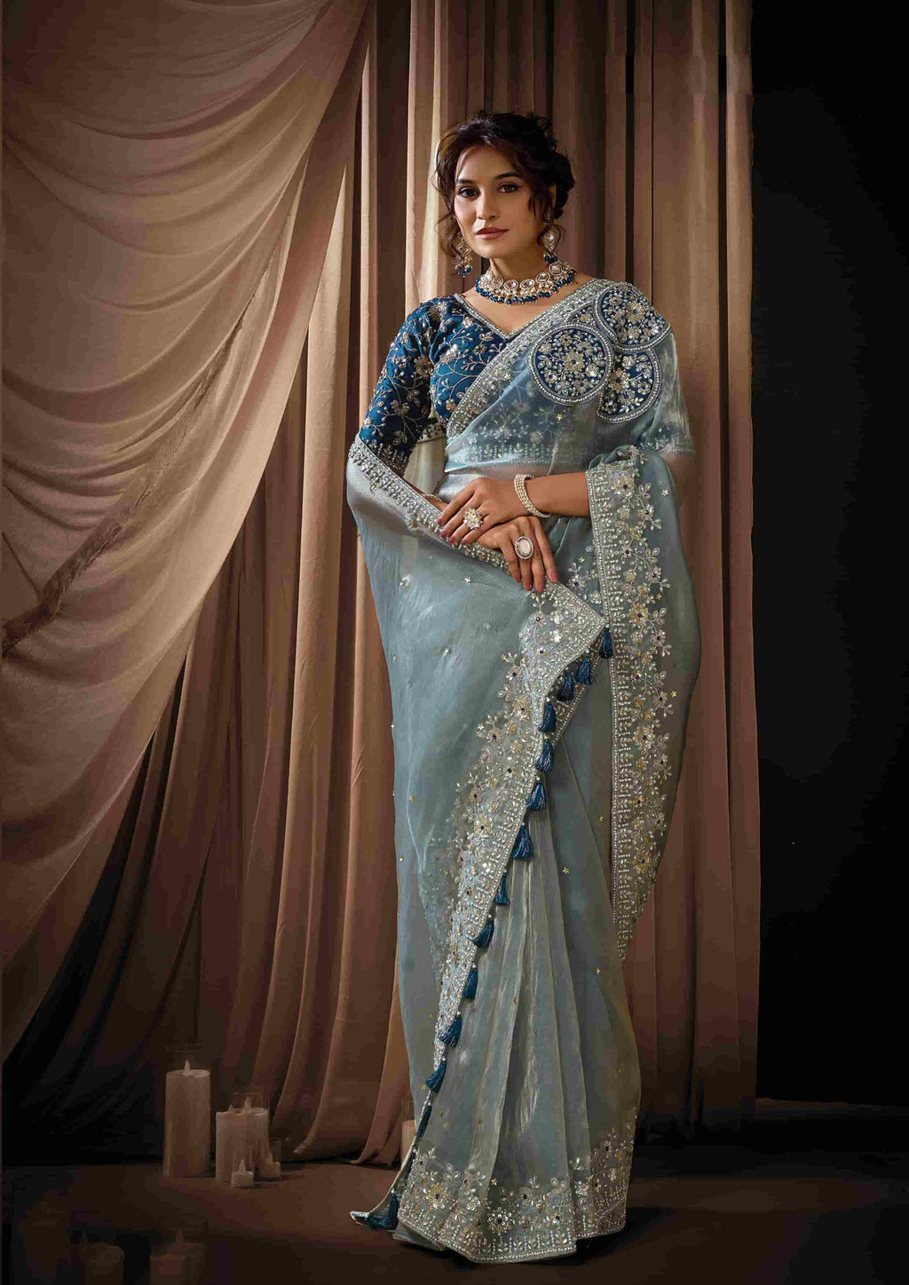 Naksh Creation Ice Blue Zari Organza Satin Designer Saree