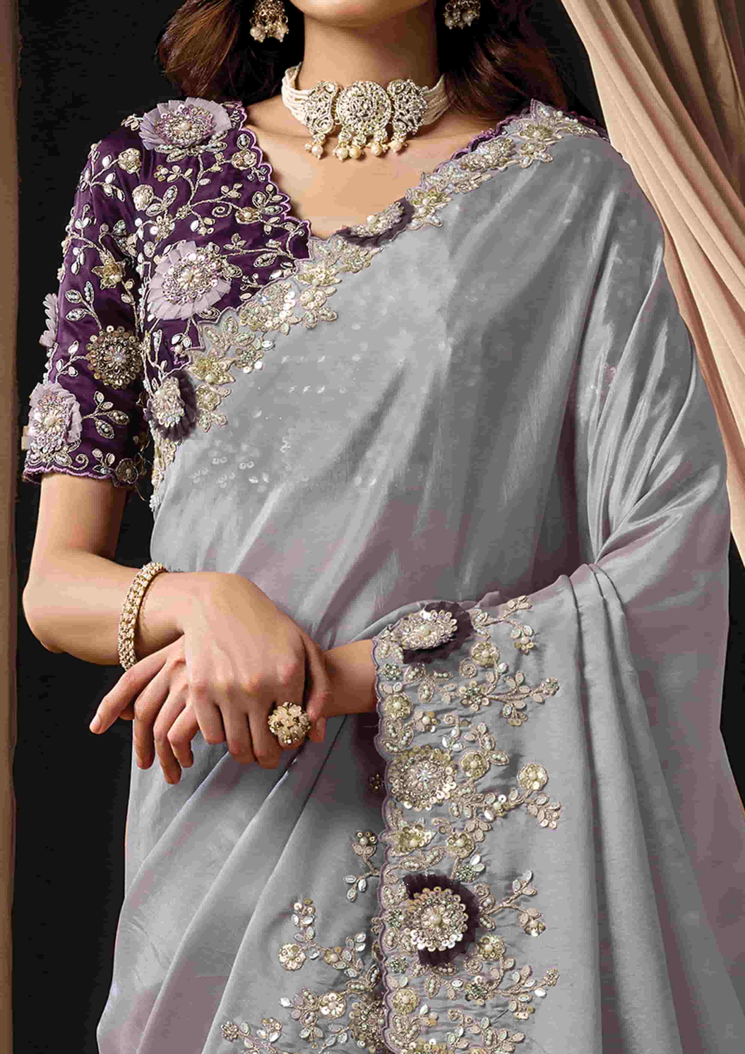 Naksh Creation Lavender Grey Uppada Silk Designer Saree