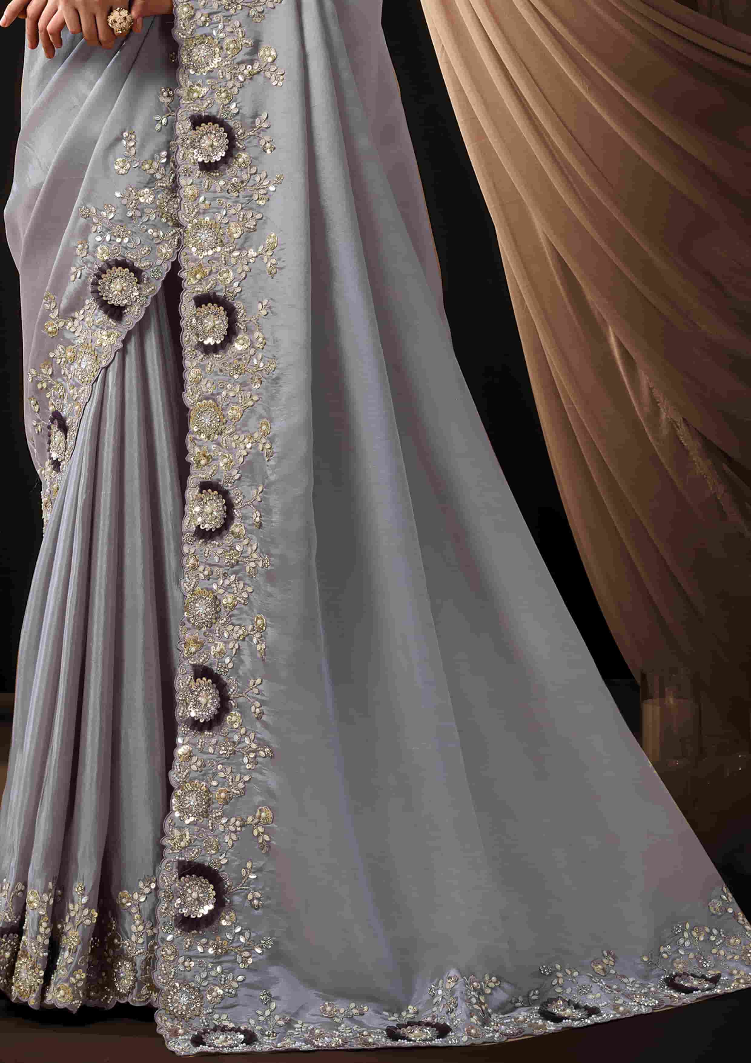Naksh Creation Lavender Grey Uppada Silk Designer Saree