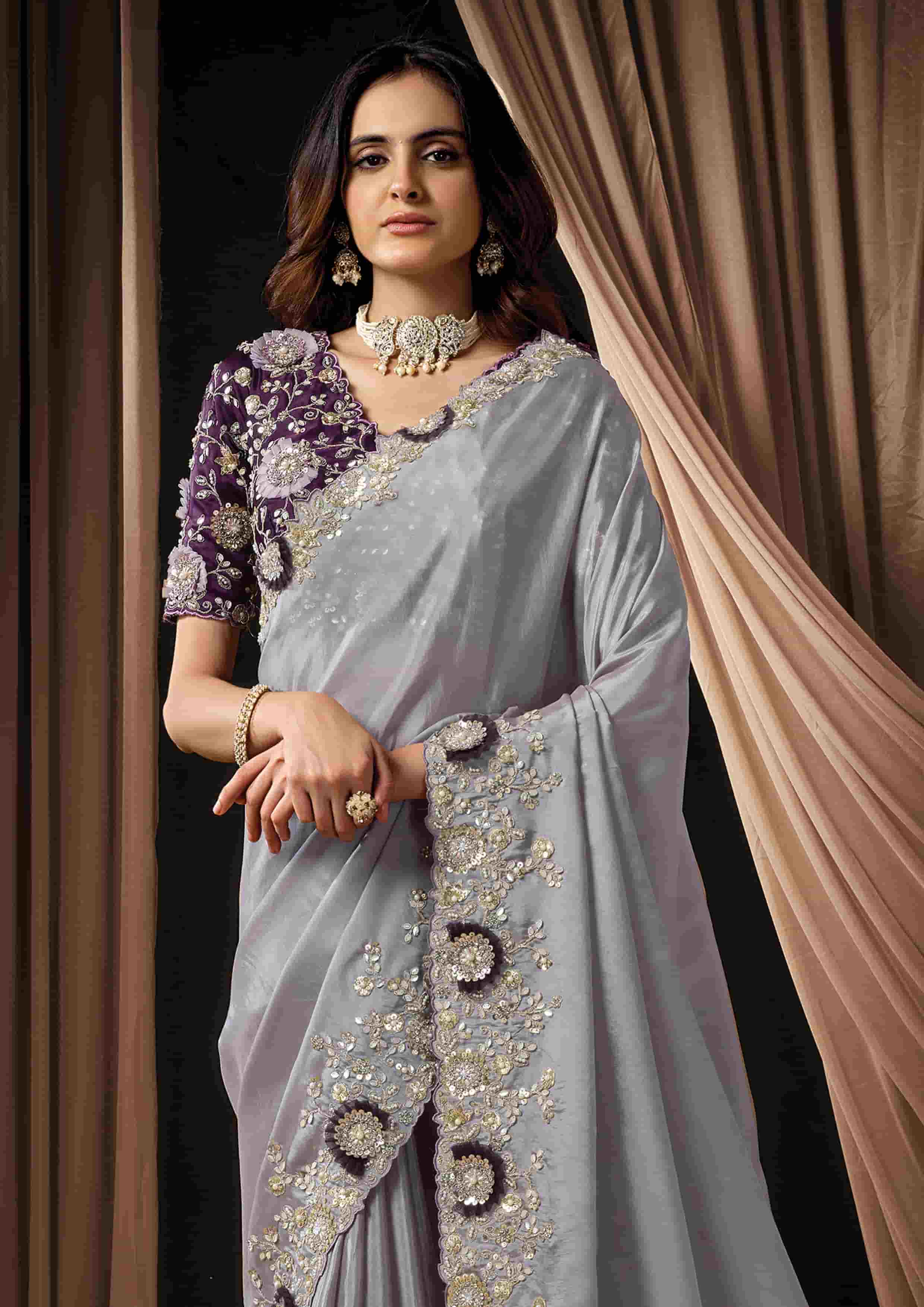 Naksh Creation Lavender Grey Uppada Silk Designer Saree