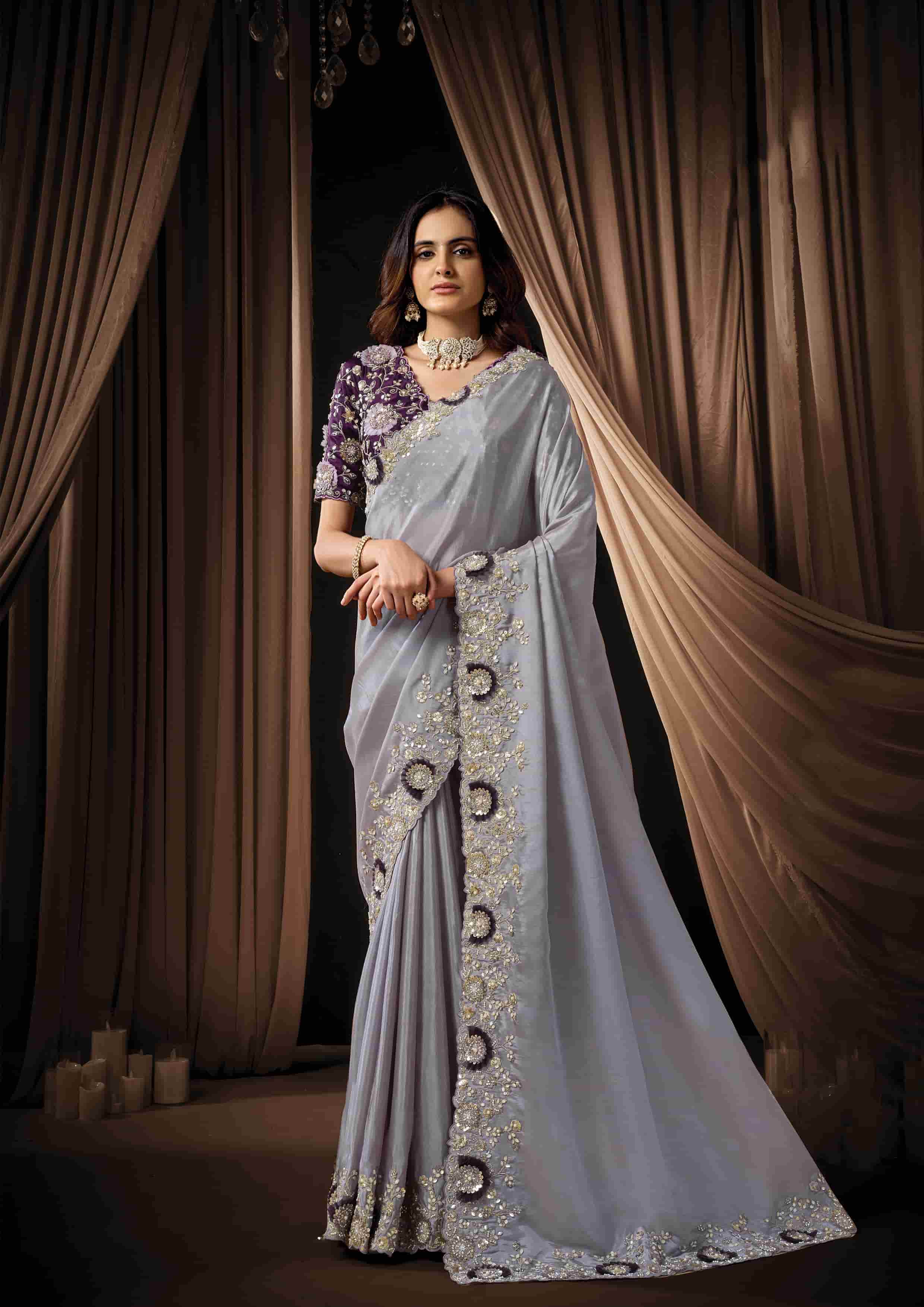 Naksh Creation Lavender Grey Uppada Silk Designer Saree