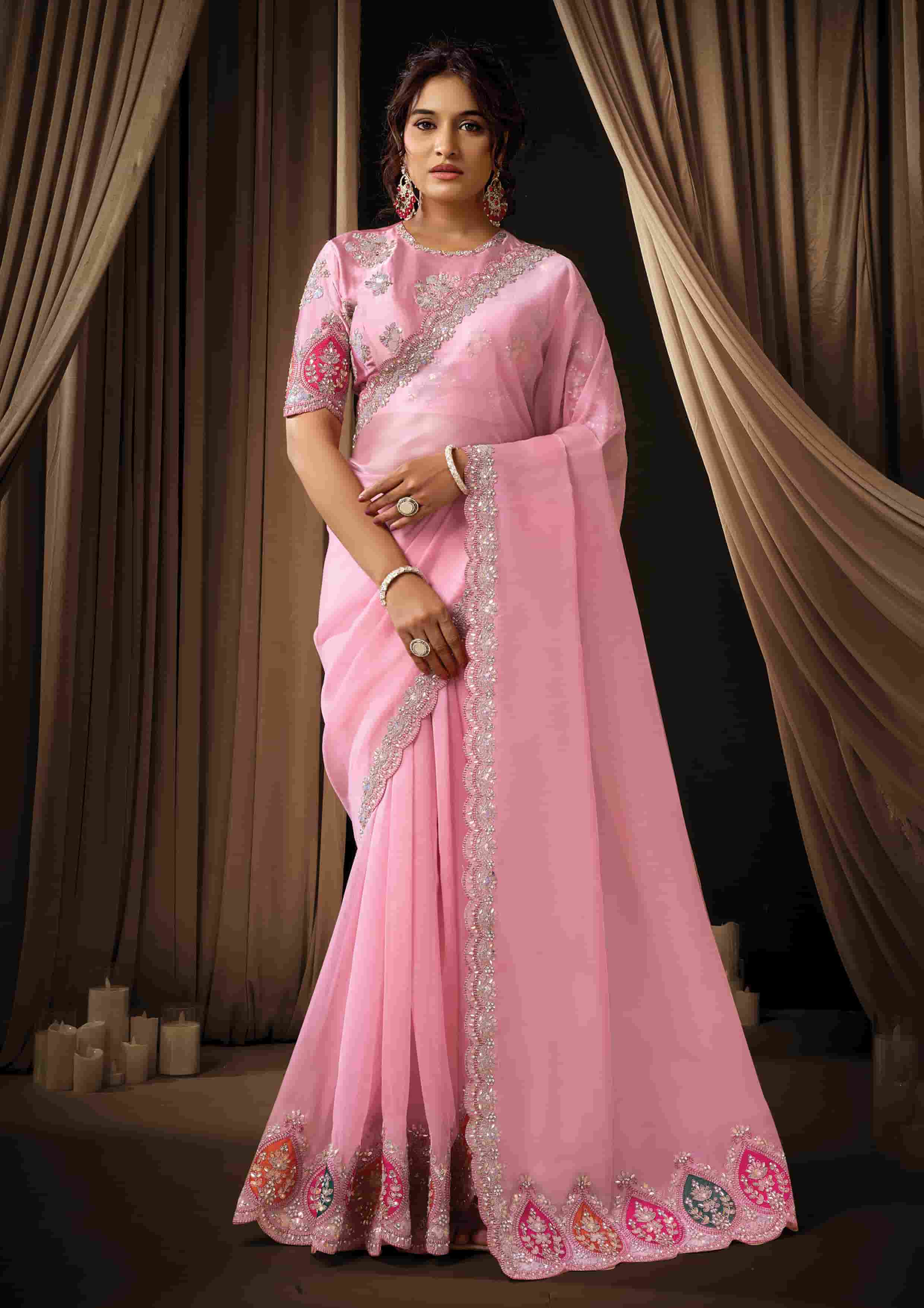 Naksh Creation Baby Pink Tissue Organza Designer Saree