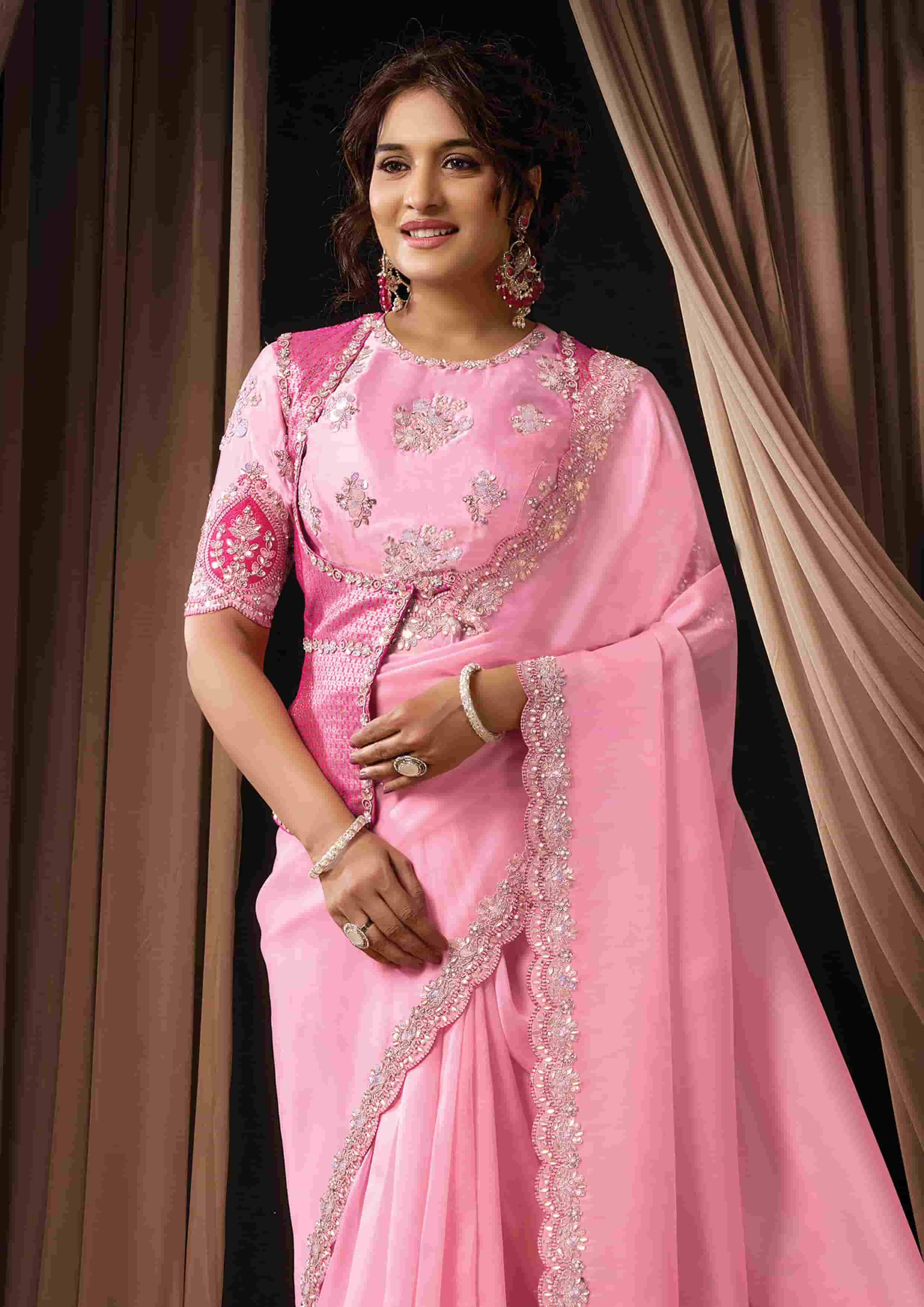 Naksh Creation Baby Pink Tissue Organza Designer Saree