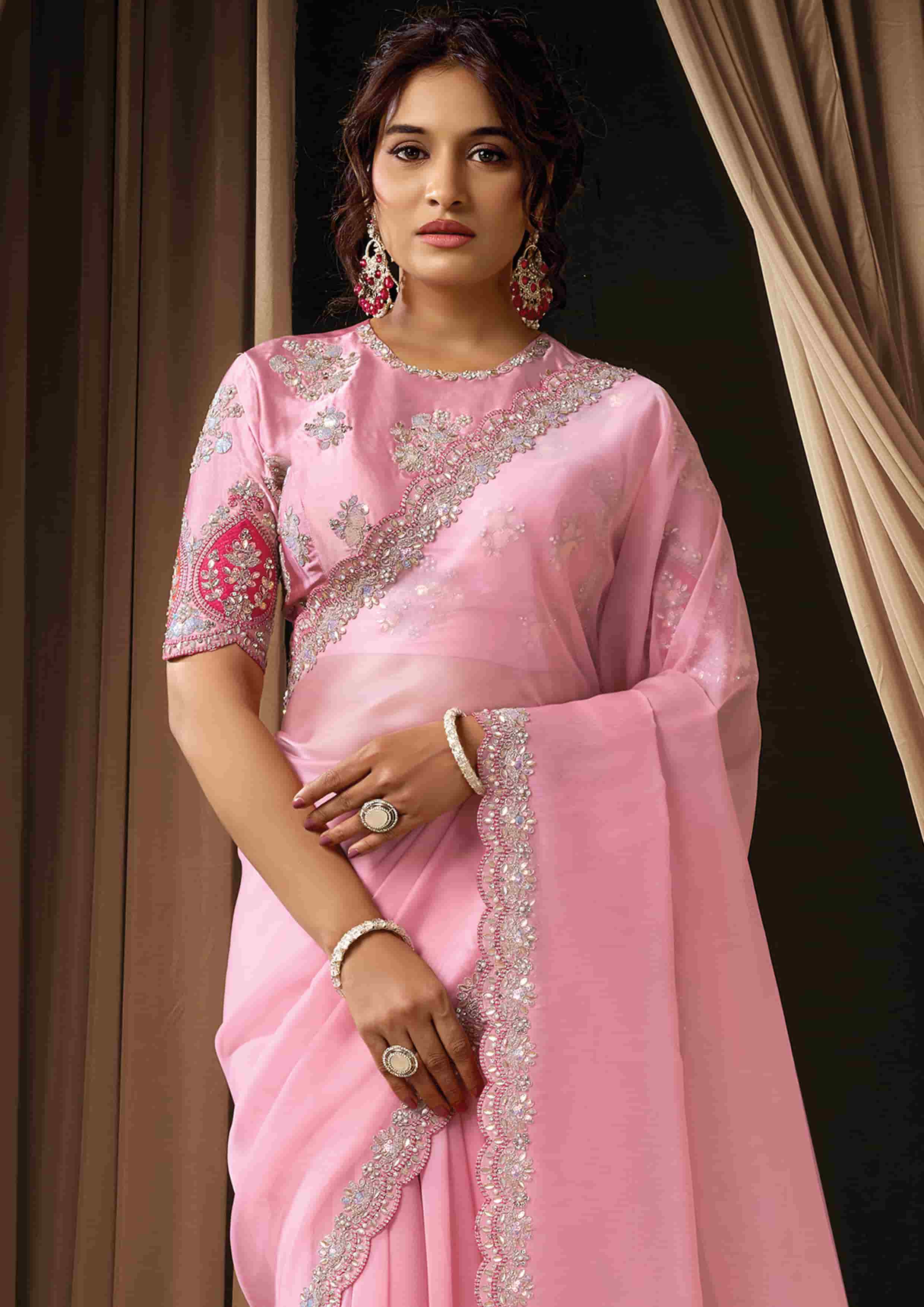 Naksh Creation Baby Pink Tissue Organza Designer Saree
