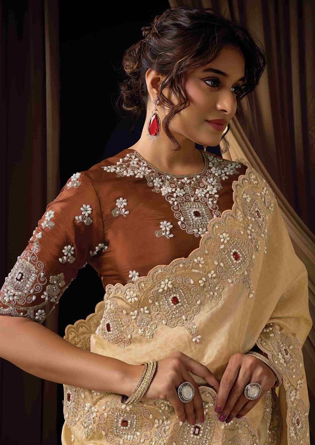 Naksh Creation Champagne Gold Jacquard Silk Designer Saree