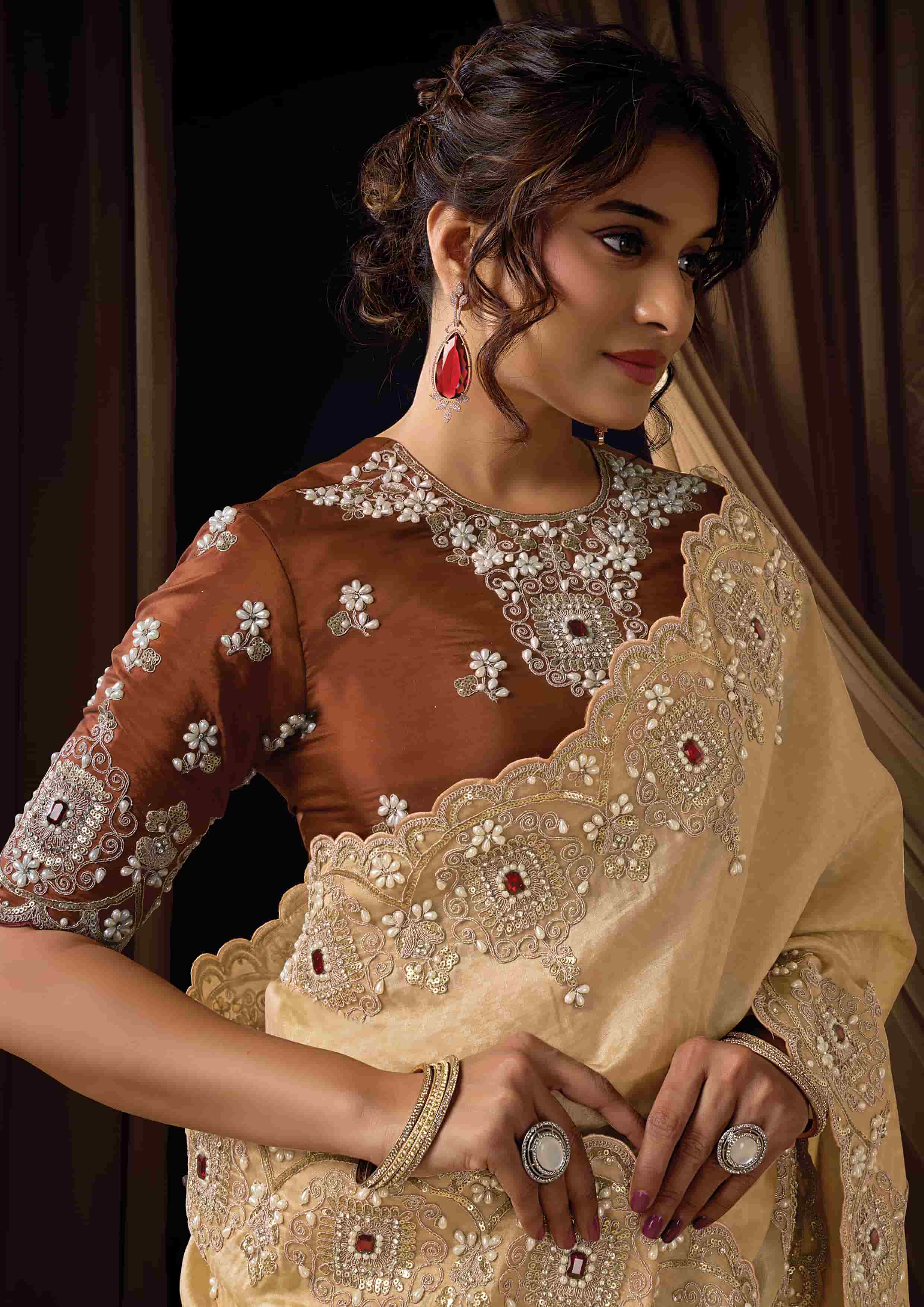 Naksh Creation Champagne Gold Jacquard Silk Designer Saree