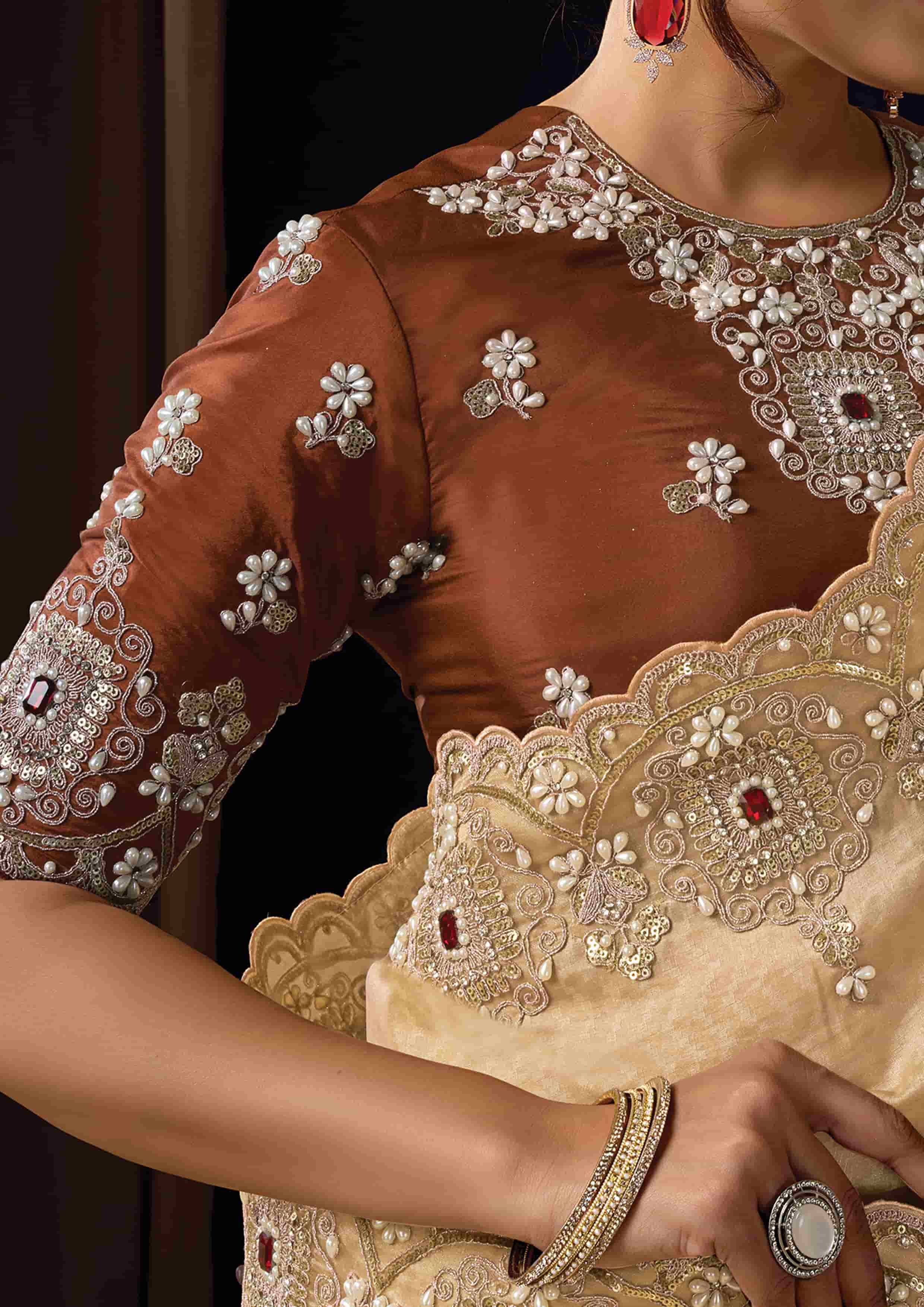 Naksh Creation Champagne Gold Jacquard Silk Designer Saree