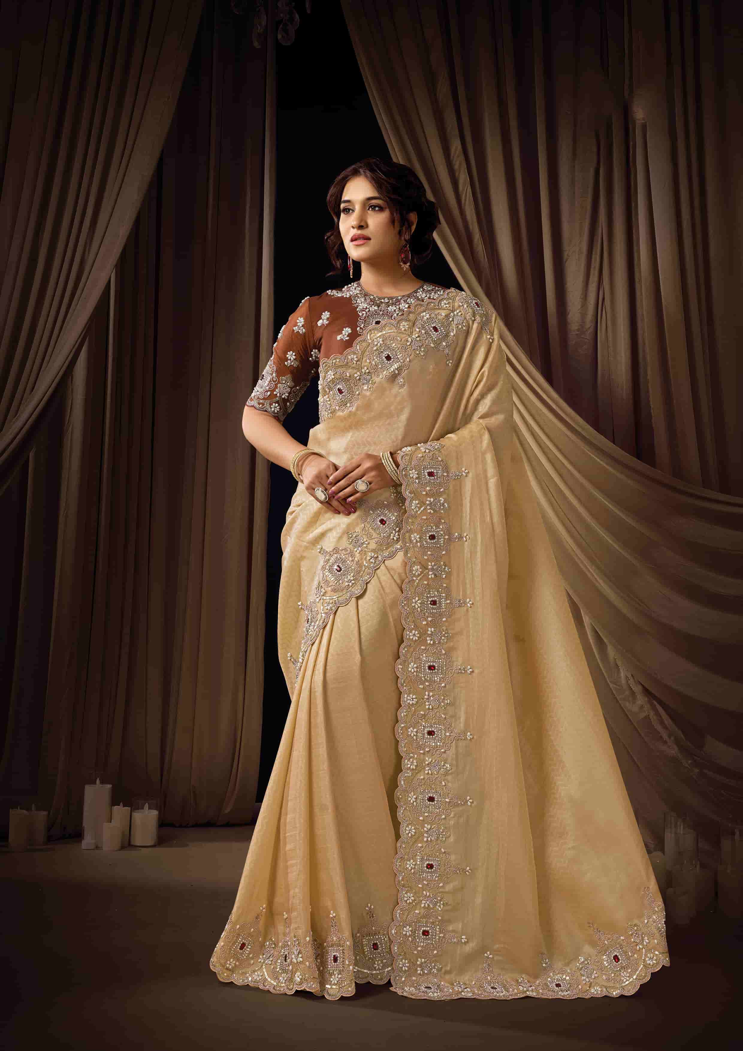 Naksh Creation Champagne Gold Jacquard Silk Designer Saree