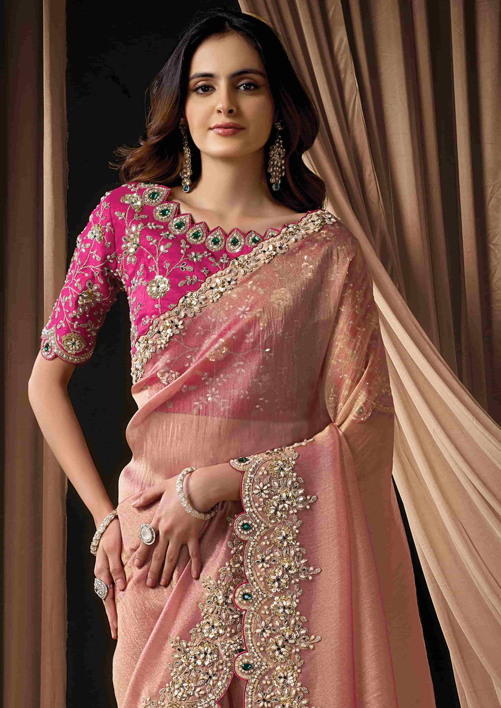 Naksh Creation Blush Pink Zari Organza Satin Designer Saree