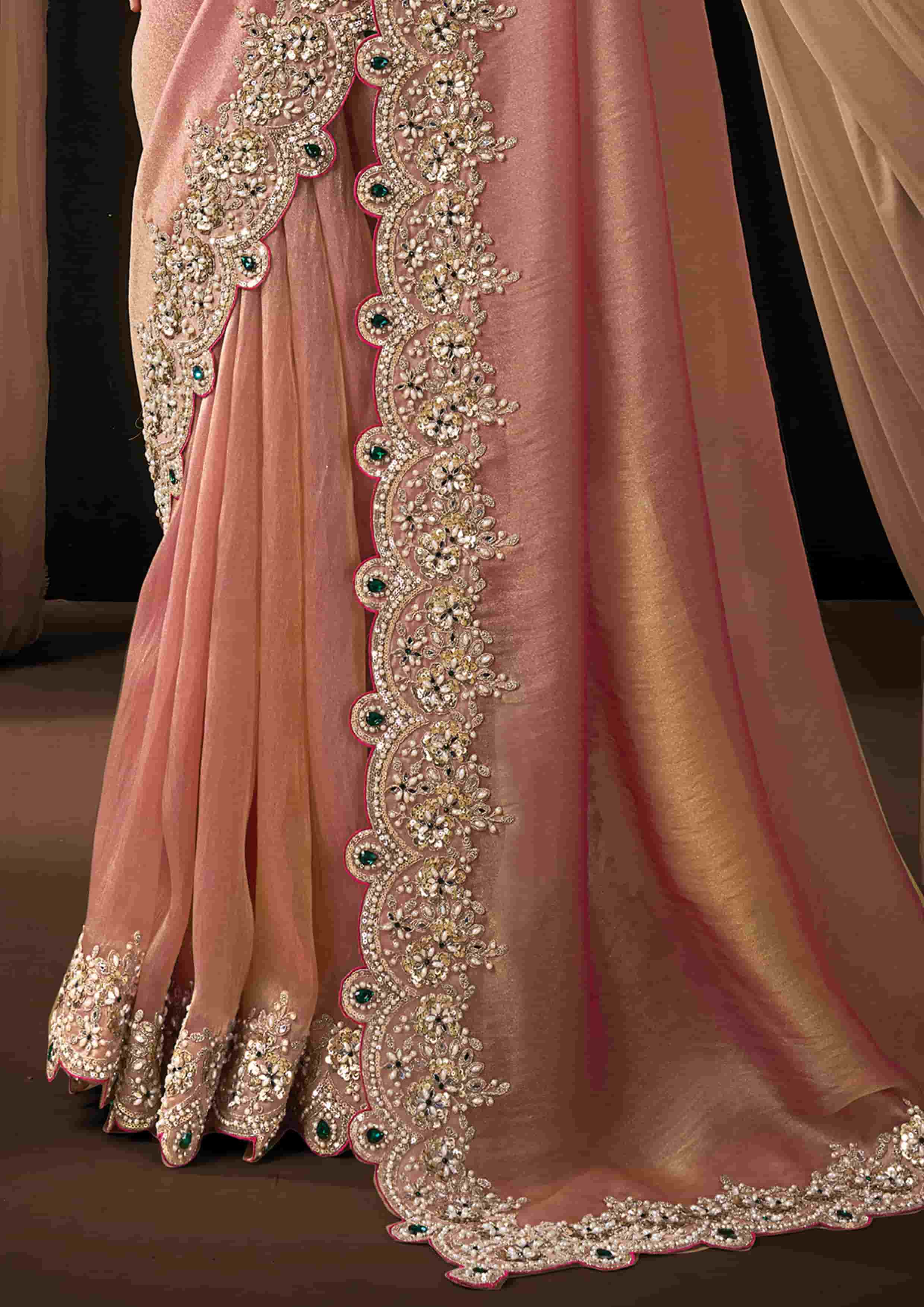 Naksh Creation Blush Pink Zari Organza Satin Designer Saree