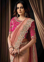 Naksh Creation Blush Pink Zari Organza Satin Designer Saree