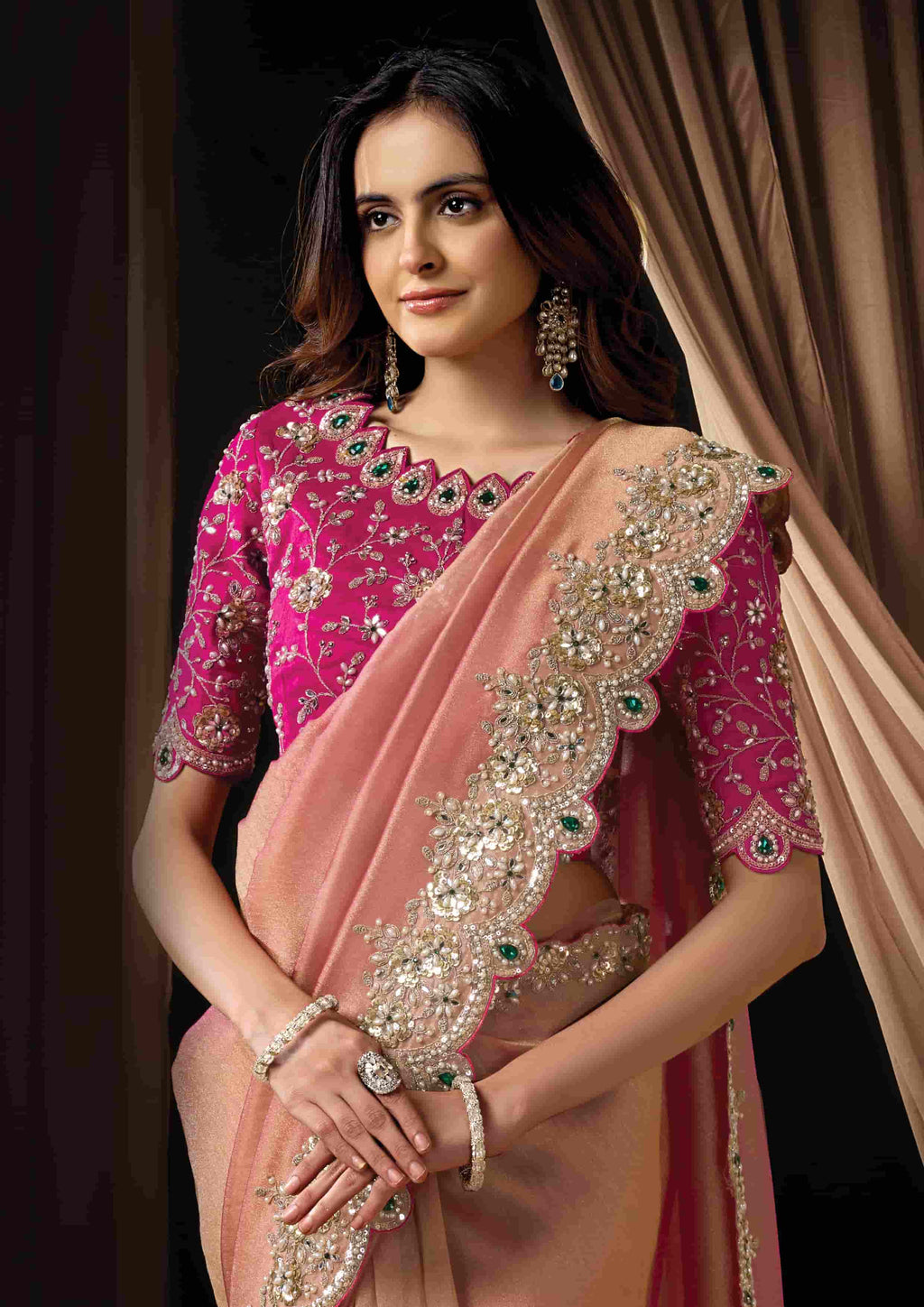 Naksh Creation Blush Pink Zari Organza Satin Designer Saree