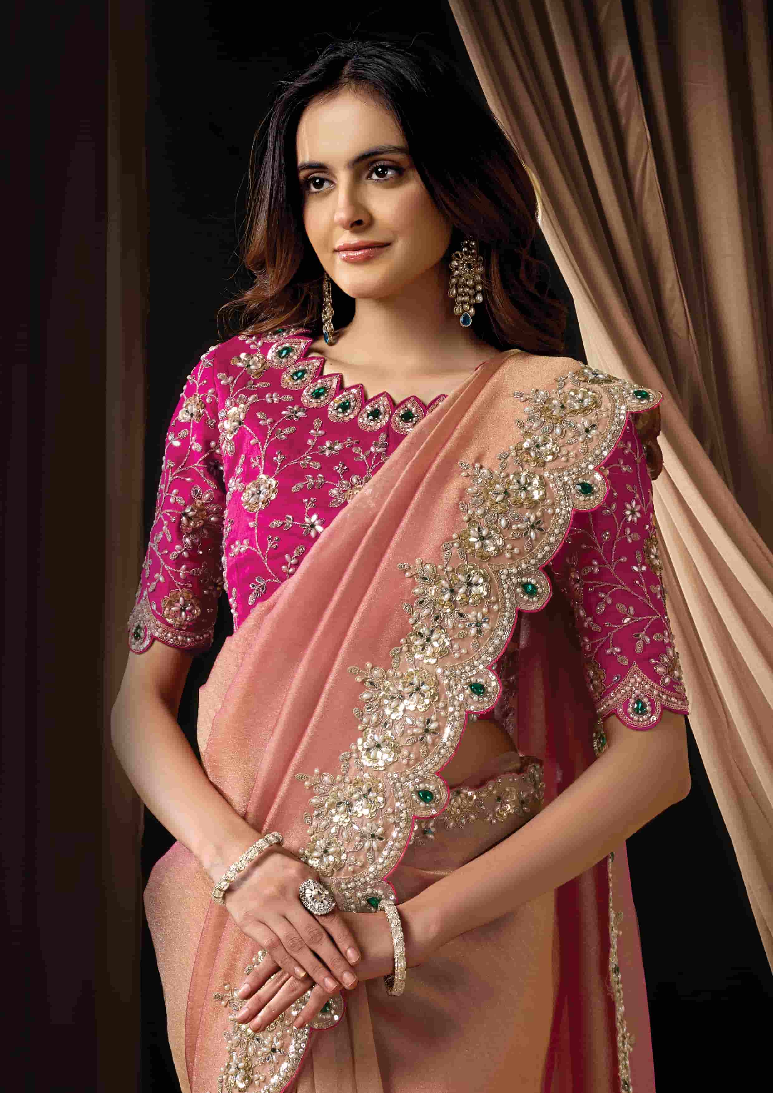 Naksh Creation Blush Pink Zari Organza Satin Designer Saree