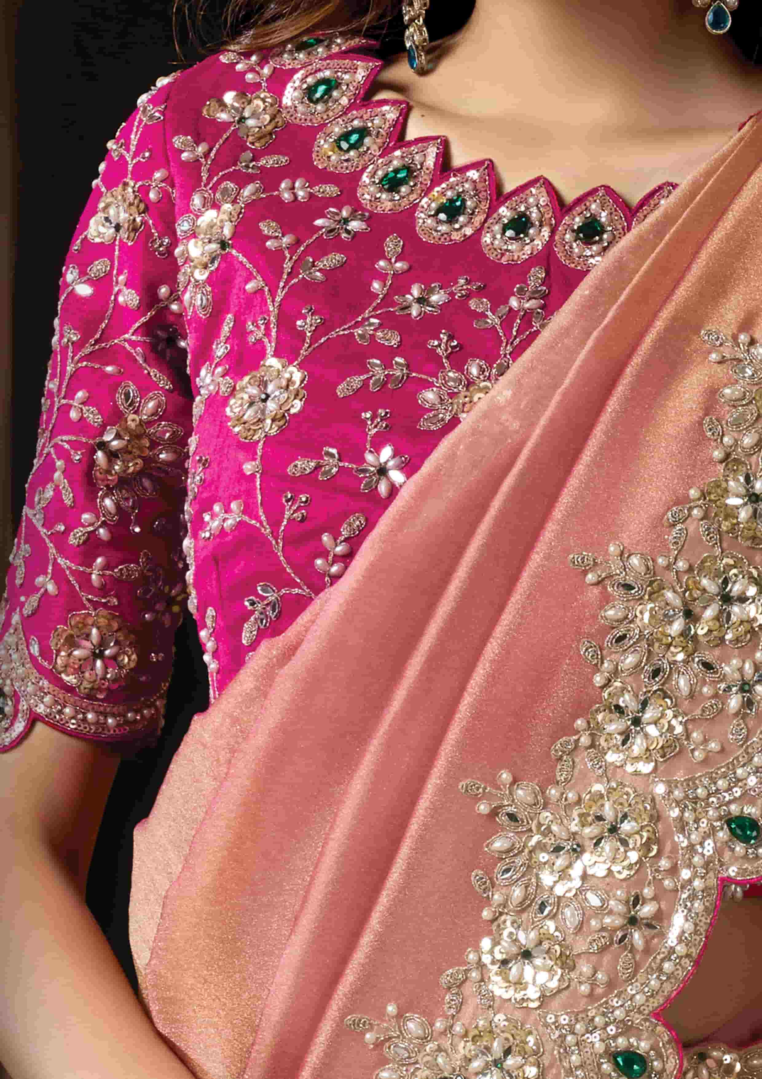 Naksh Creation Blush Pink Zari Organza Satin Designer Saree