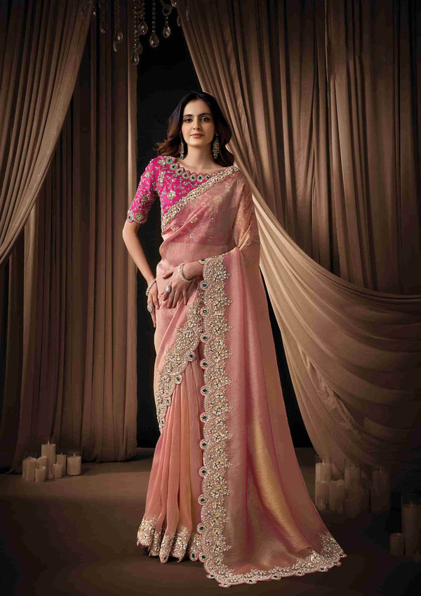 White Lustrous Satin Silk Sequin Beads Applique Work Saree
