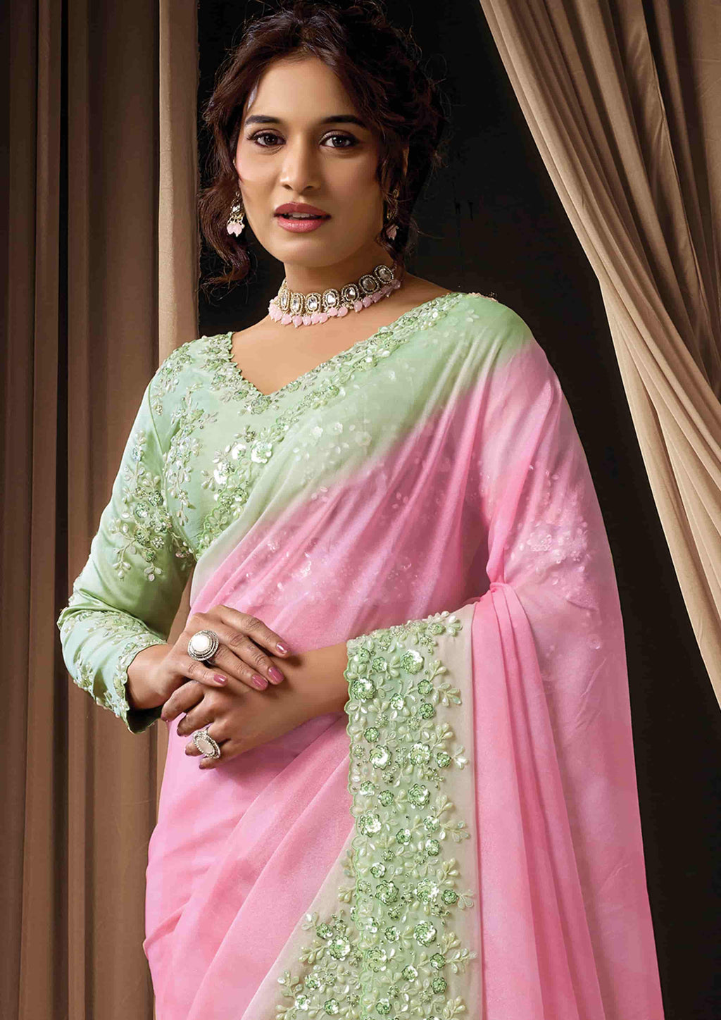 Naksh Creation Pastel Pink Soft Georgette Designer Saree