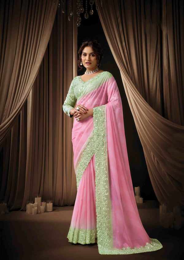 Pink Organza Silk Floral Embroidered Saree