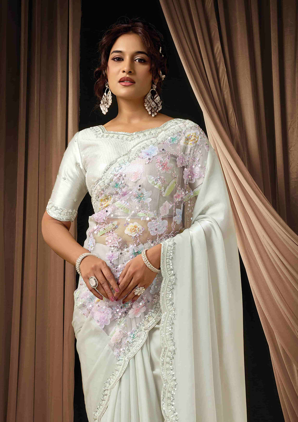 Naksh Creation Pearl White Two Tone Satin Silk Designer Saree