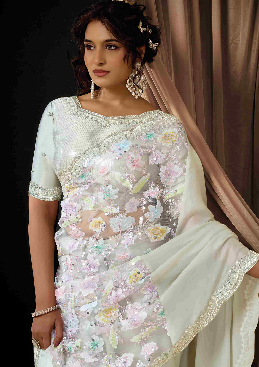 Naksh Creation Pearl White Two Tone Satin Silk Designer Saree