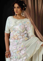 Naksh Creation Pearl White Two Tone Satin Silk Designer Saree