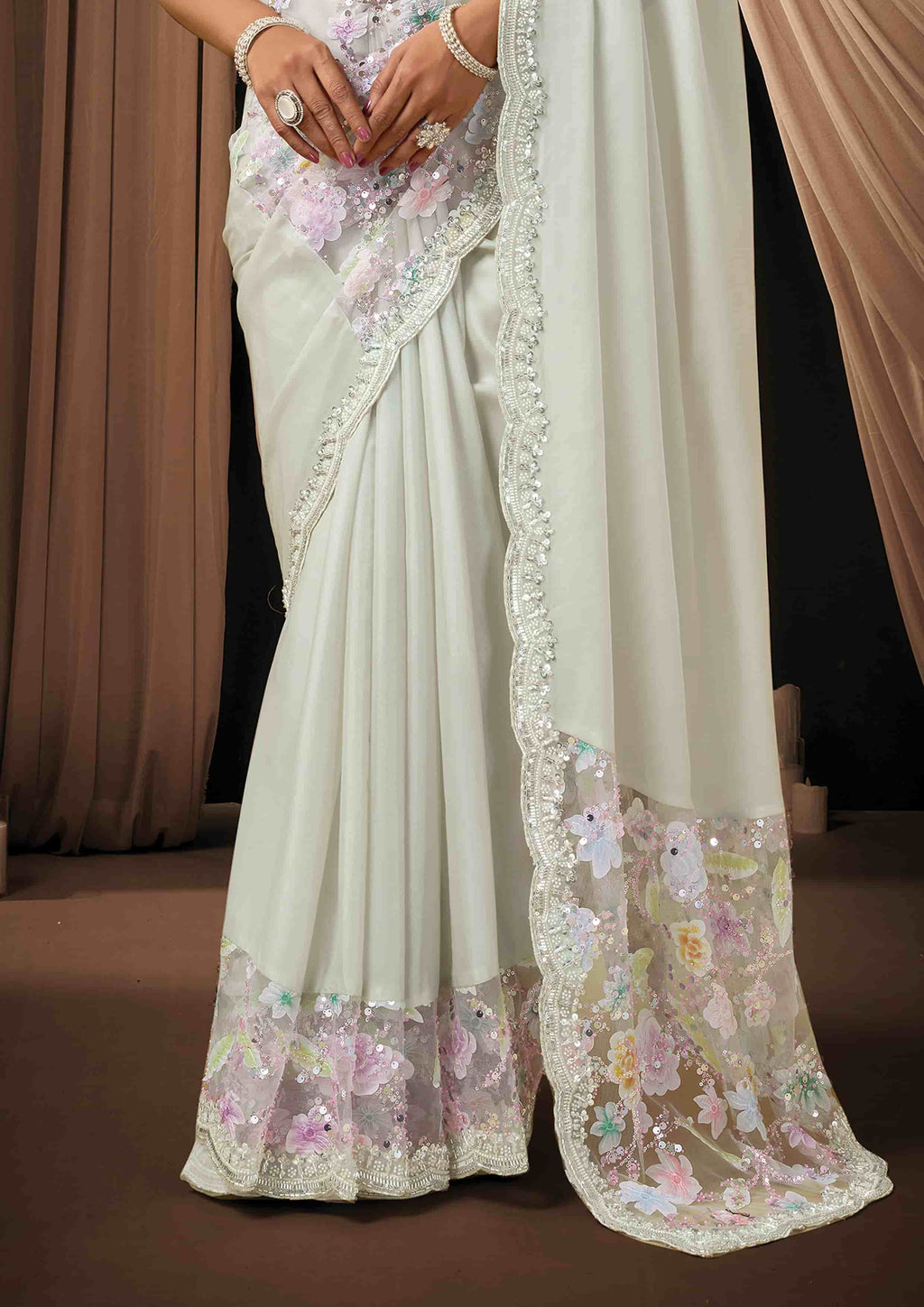 Naksh Creation Pearl White Two Tone Satin Silk Designer Saree