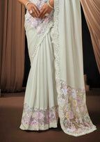 Naksh Creation Pearl White Two Tone Satin Silk Designer Saree