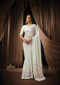 Naksh Creation Pearl White Two Tone Satin Silk Designer Saree