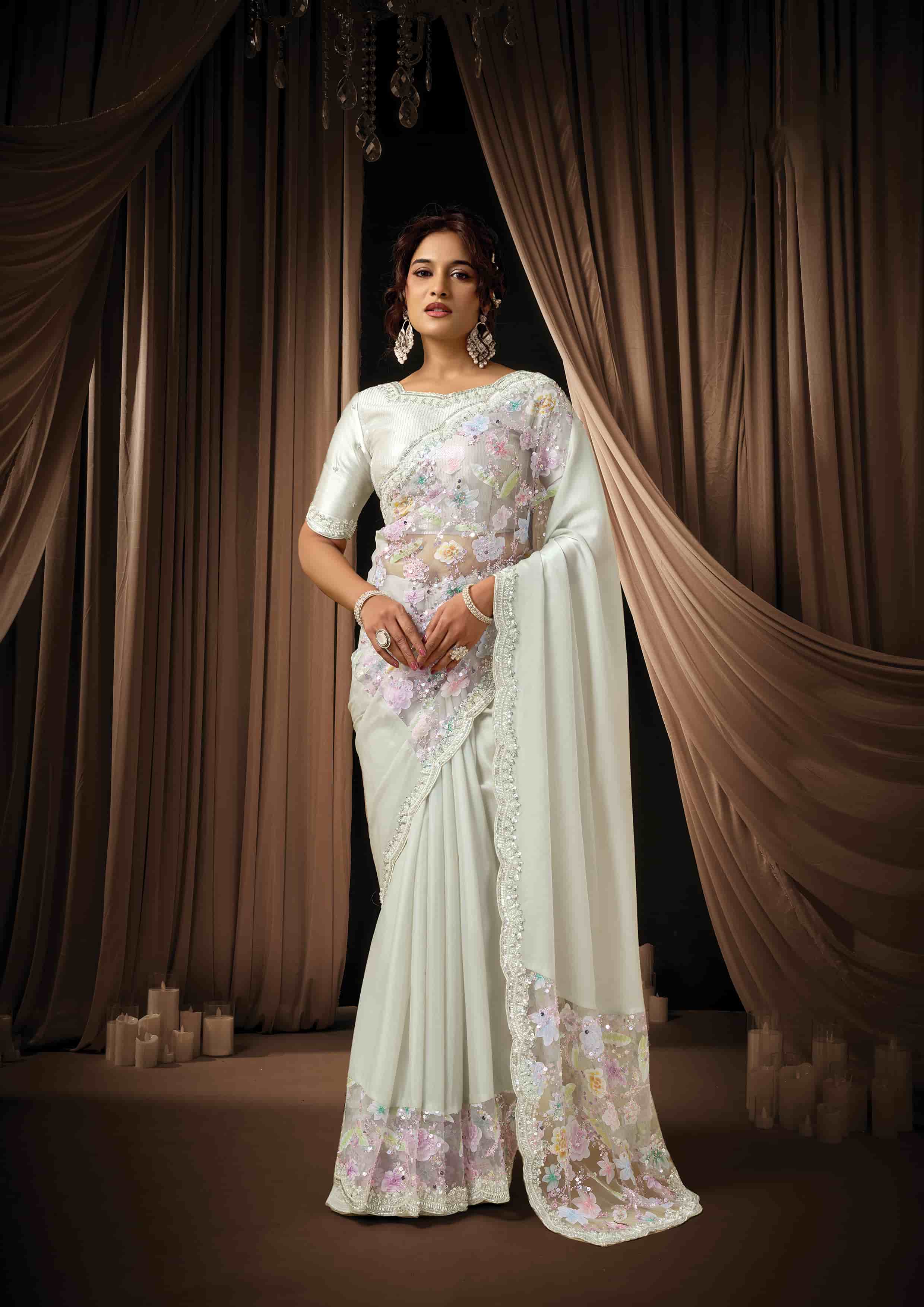 Naksh Creation Pearl White Two Tone Satin Silk Designer Saree